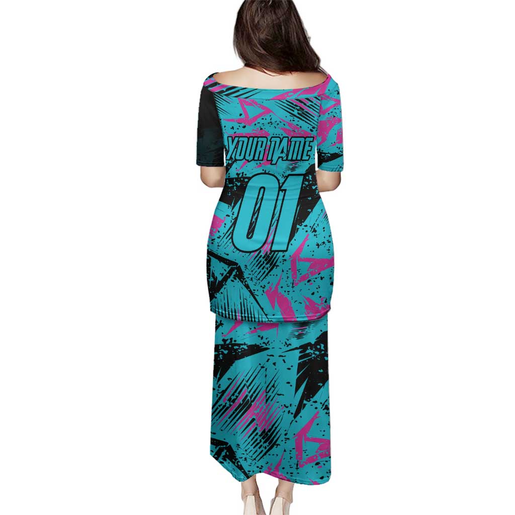 Personalized Ride Like a Girl Family Matching Puletasi and Hawaiian Shirt Motocross Graphic and Turquoise Pink Graffiti Design - Wonder Print Shop