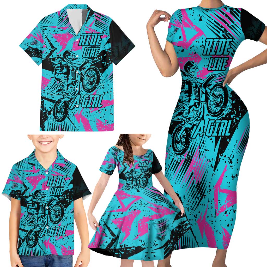 Personalized Ride Like a Girl Family Matching Short Sleeve Bodycon Dress and Hawaiian Shirt Motocross Graphic and Turquoise Pink Graffiti Design - Wonder Print Shop