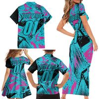 Personalized Ride Like a Girl Family Matching Short Sleeve Bodycon Dress and Hawaiian Shirt Motocross Graphic and Turquoise Pink Graffiti Design - Wonder Print Shop