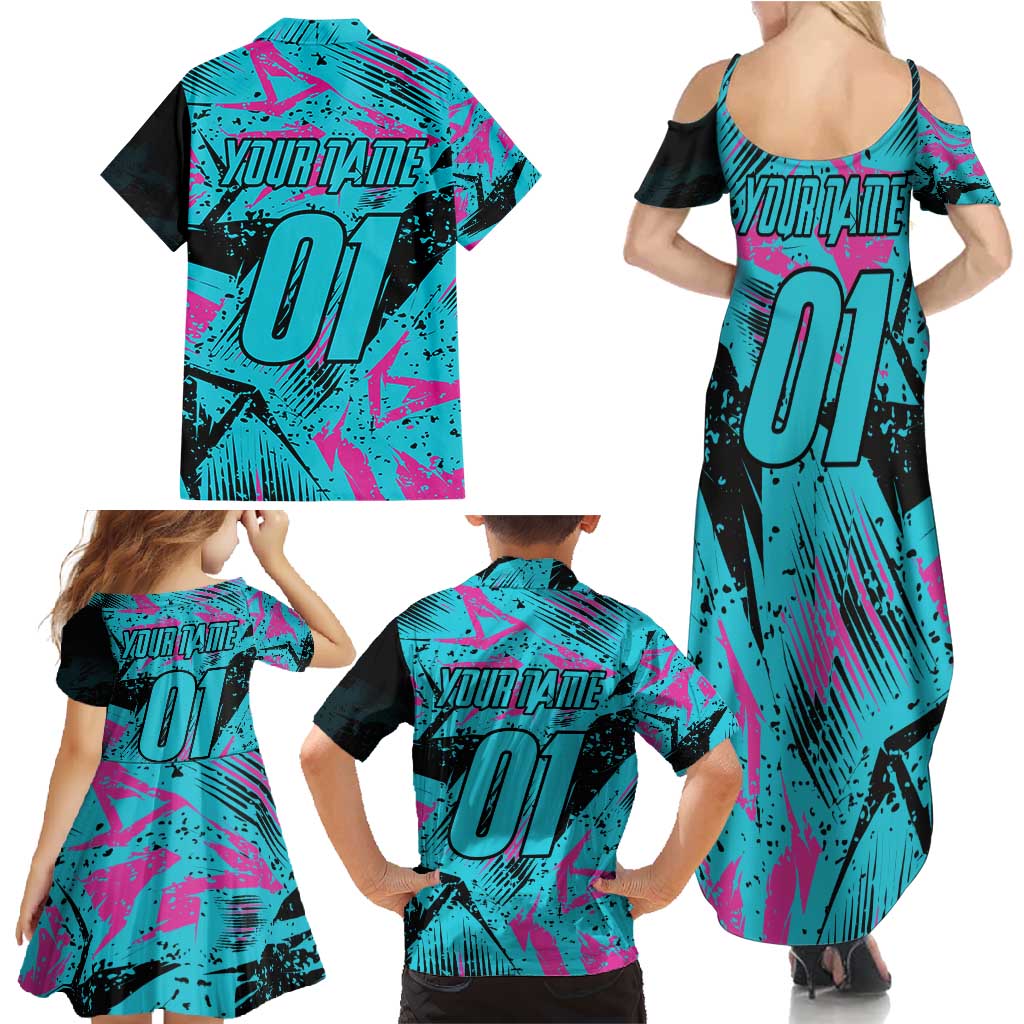 Personalized Ride Like a Girl Family Matching Summer Maxi Dress and Hawaiian Shirt Motocross Graphic and Turquoise Pink Graffiti Design - Wonder Print Shop