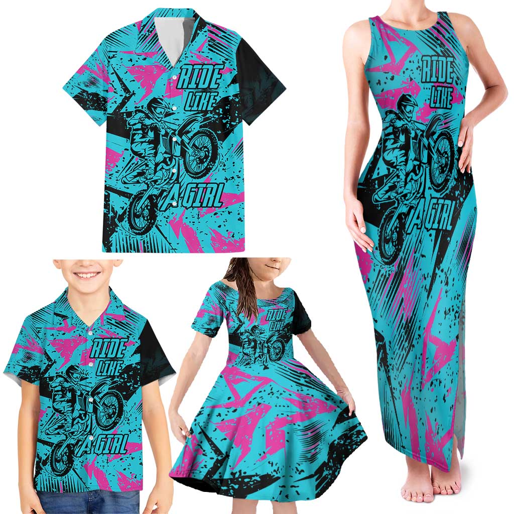 Personalized Ride Like a Girl Family Matching Tank Maxi Dress and Hawaiian Shirt Motocross Graphic and Turquoise Pink Graffiti Design - Wonder Print Shop