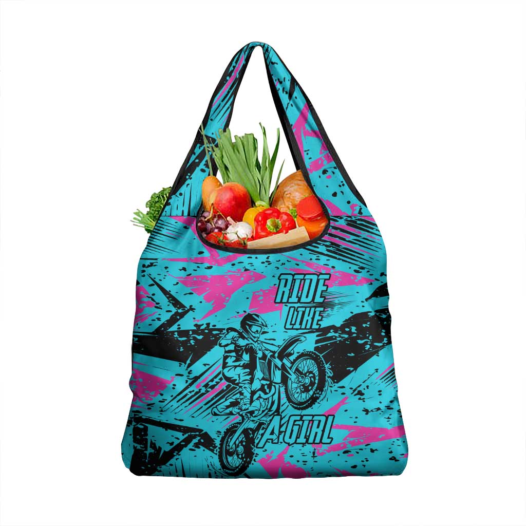 Personalized Ride Like a Girl Grocery Bag Motocross Graphic and Turquoise Pink Graffiti Design - Wonder Print Shop