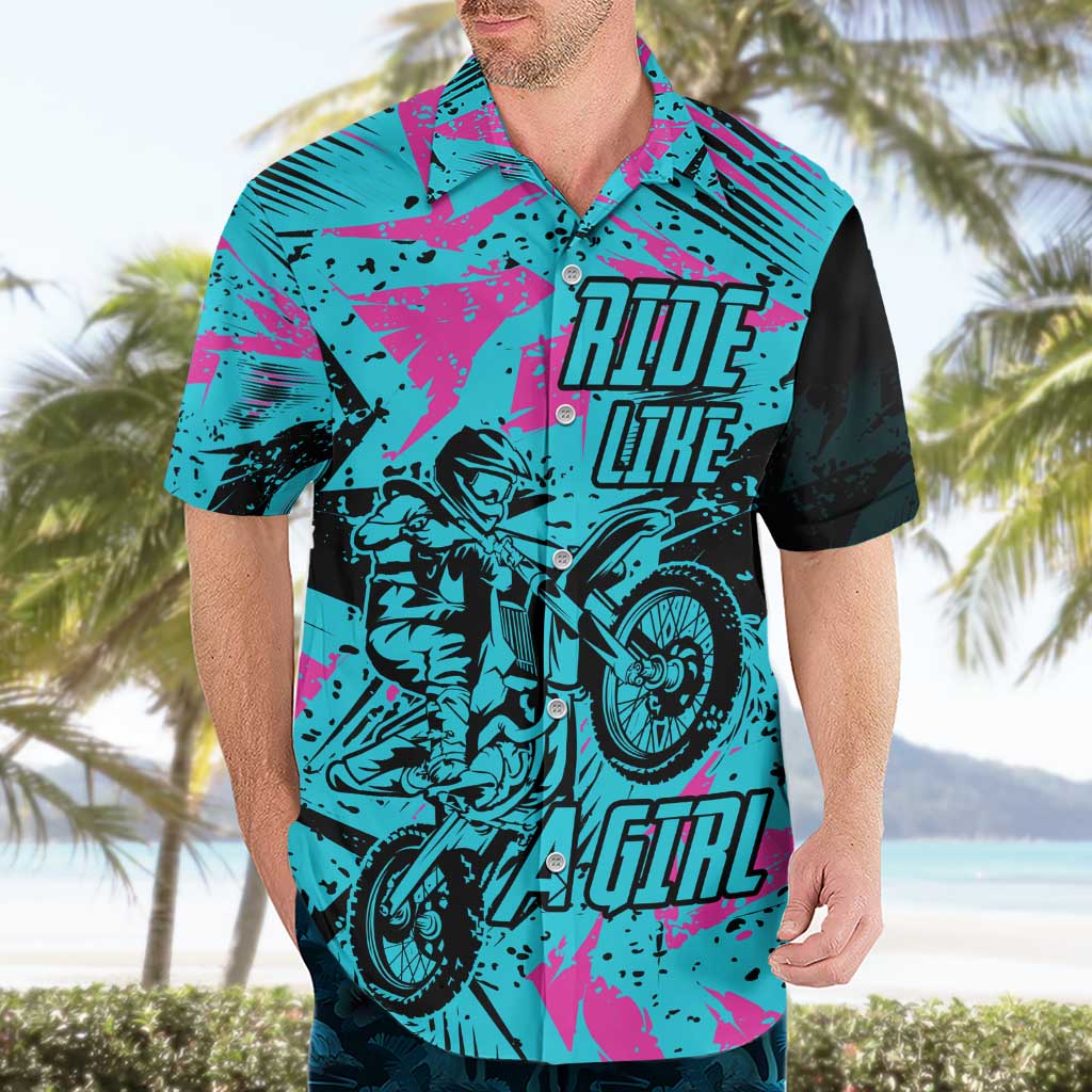 Personalized Ride Like a Girl Hawaiian Shirt Motocross Graphic and Turquoise Pink Graffiti Design - Wonder Print Shop