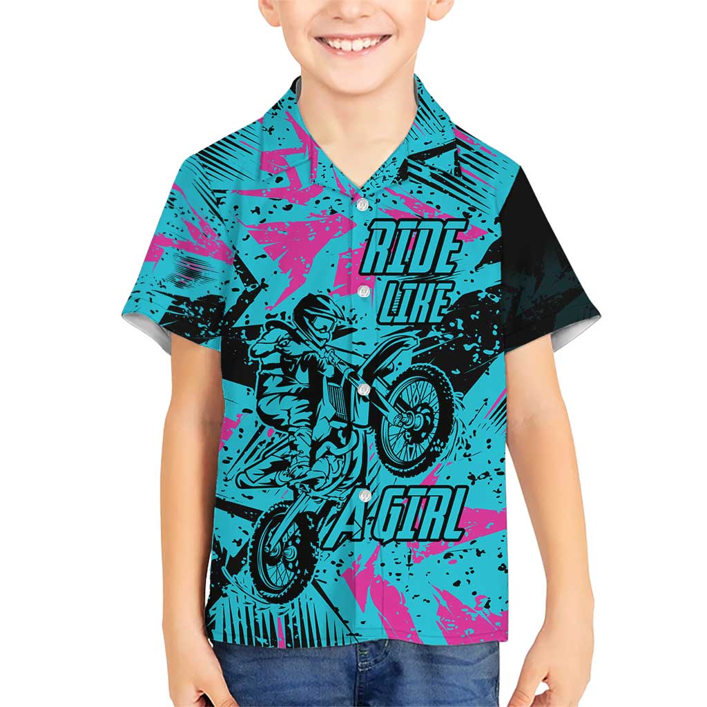 Personalized Ride Like a Girl Hawaiian Shirt Motocross Graphic and Turquoise Pink Graffiti Design - Wonder Print Shop