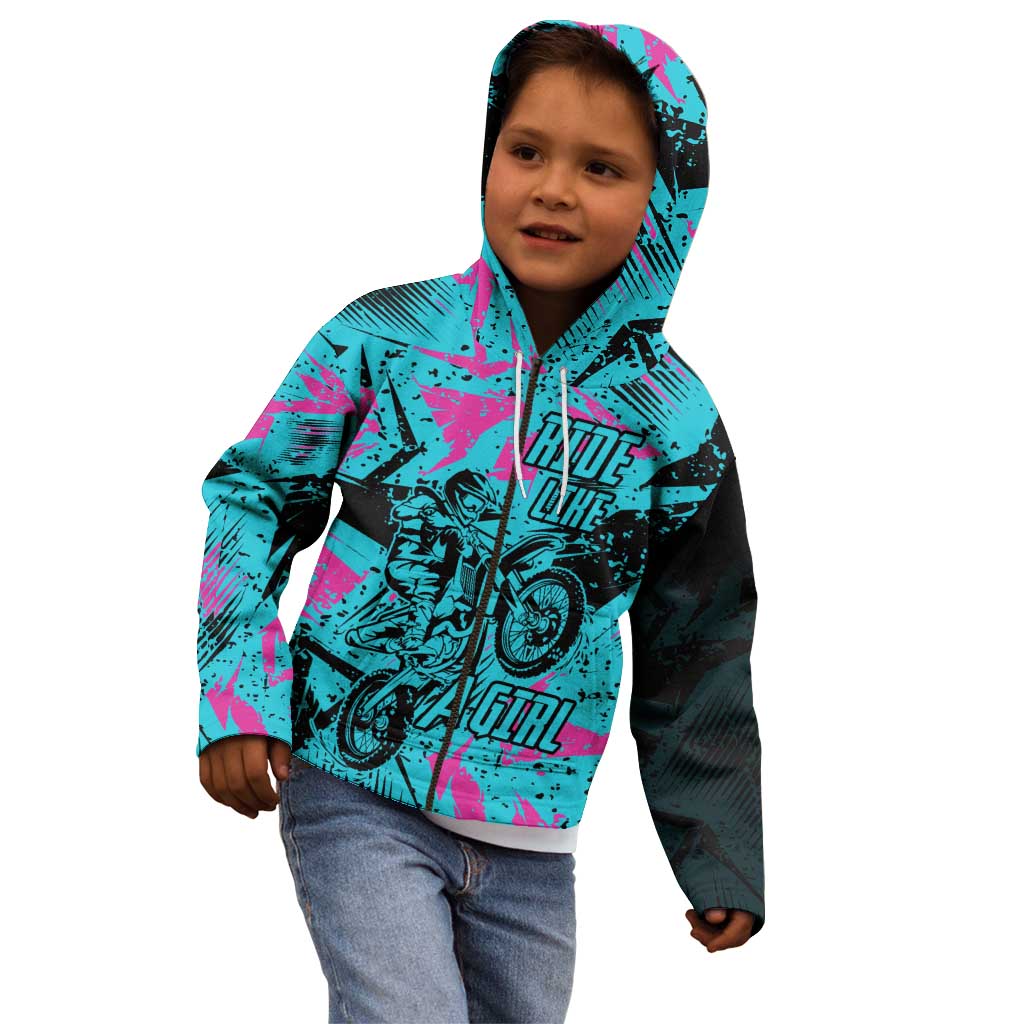 Personalized Ride Like a Girl Kid Hoodie Motocross Graphic and Turquoise Pink Graffiti Design - Wonder Print Shop
