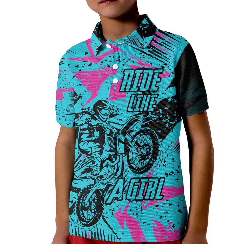 Personalized Ride Like a Girl Kid Polo Shirt Motocross Graphic and Turquoise Pink Graffiti Design - Wonder Print Shop