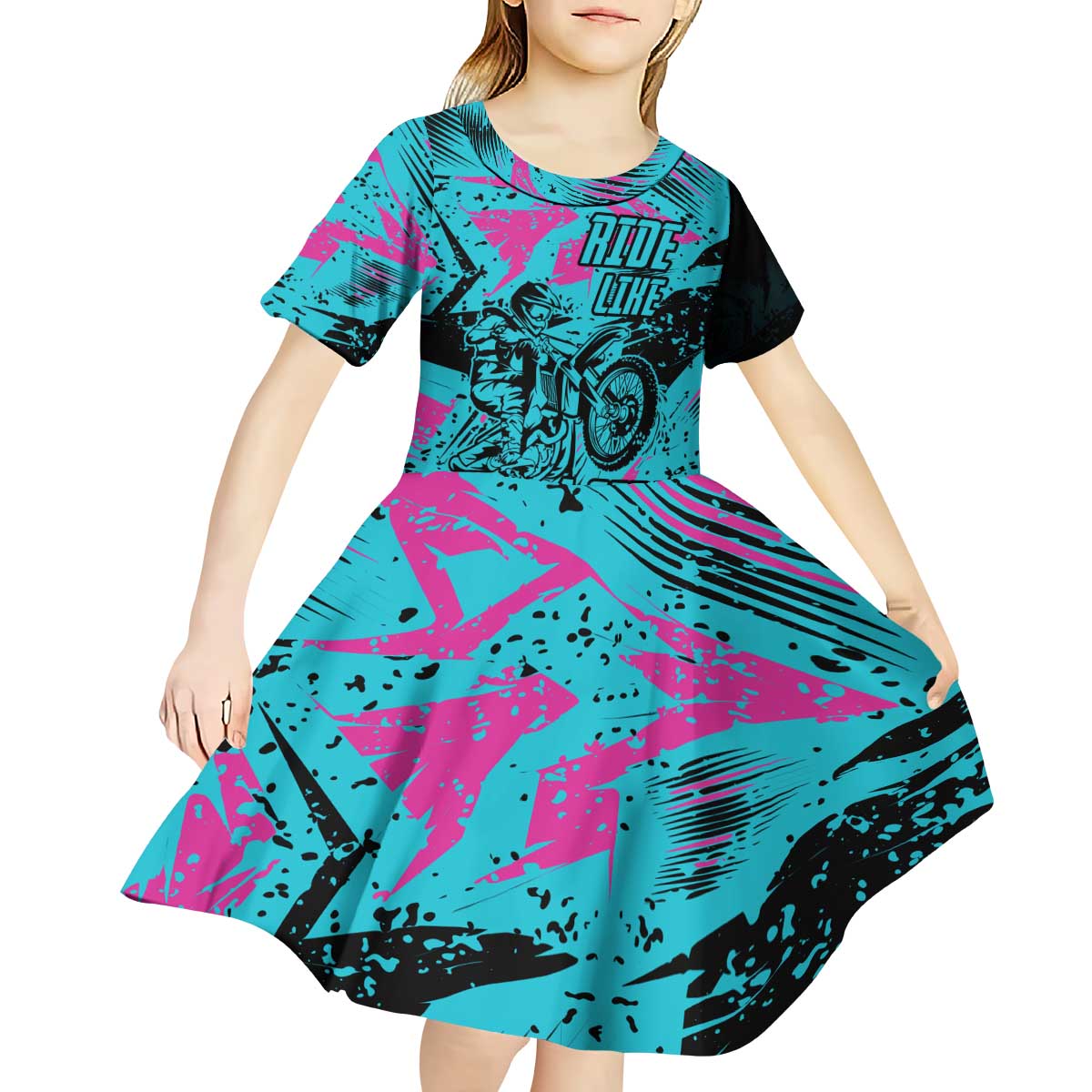 Personalized Ride Like a Girl Kid Short Sleeve Dress Motocross Graphic and Turquoise Pink Graffiti Design - Wonder Print Shop