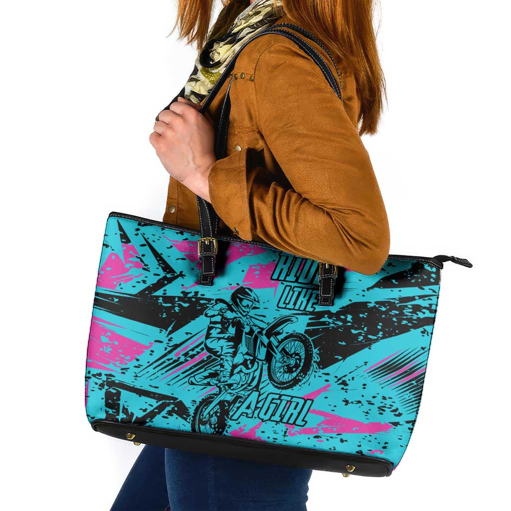 Personalized Ride Like a Girl Leather Tote Bag Motocross Graphic and Turquoise Pink Graffiti Design - Wonder Print Shop