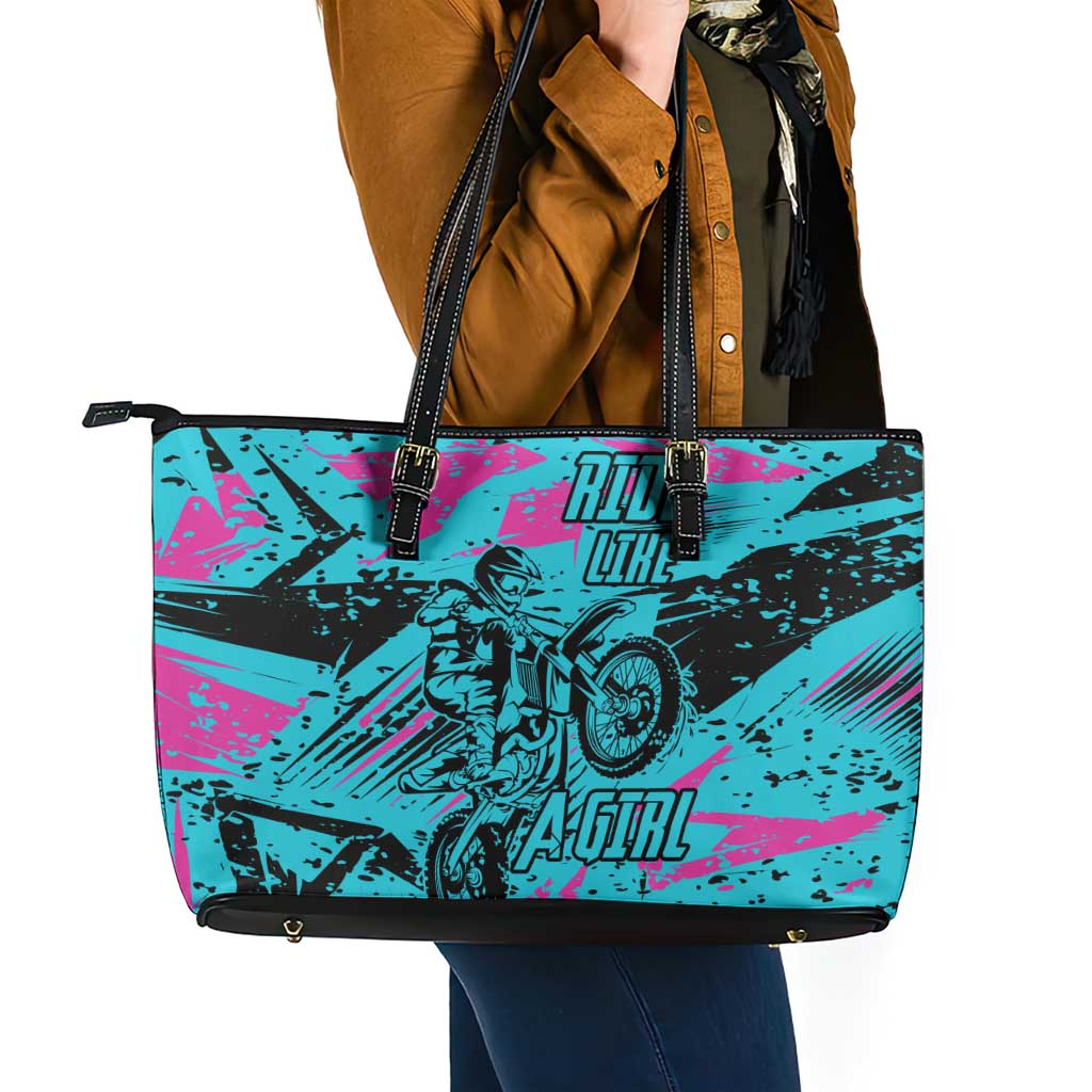 Personalized Ride Like a Girl Leather Tote Bag Motocross Graphic and Turquoise Pink Graffiti Design - Wonder Print Shop
