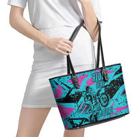 Personalized Ride Like a Girl Leather Tote Bag Motocross Graphic and Turquoise Pink Graffiti Design - Wonder Print Shop
