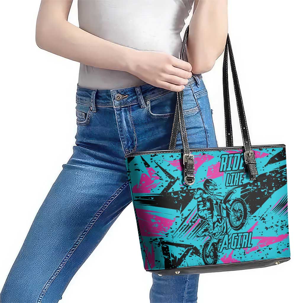 Personalized Ride Like a Girl Leather Tote Bag Motocross Graphic and Turquoise Pink Graffiti Design - Wonder Print Shop