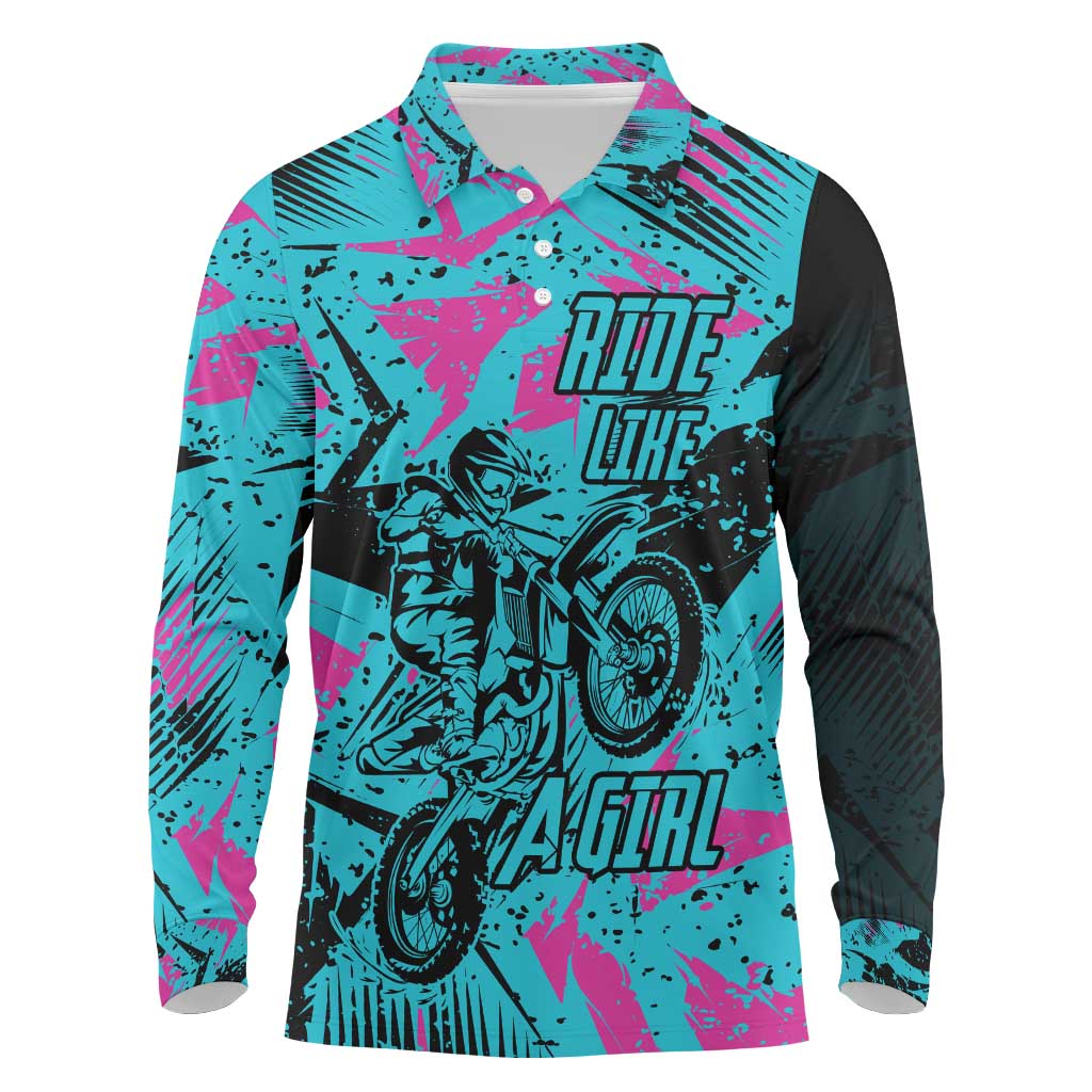 Personalized Ride Like a Girl Long Sleeve Polo Shirt Motocross Graphic and Turquoise Pink Graffiti Design - Wonder Print Shop
