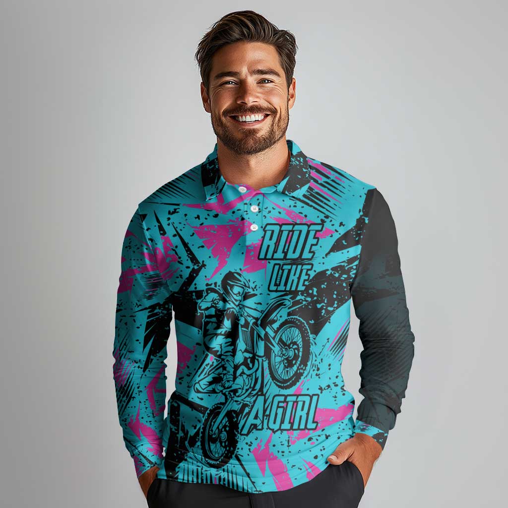 Personalized Ride Like a Girl Long Sleeve Polo Shirt Motocross Graphic and Turquoise Pink Graffiti Design - Wonder Print Shop