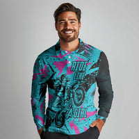 Personalized Ride Like a Girl Long Sleeve Polo Shirt Motocross Graphic and Turquoise Pink Graffiti Design - Wonder Print Shop