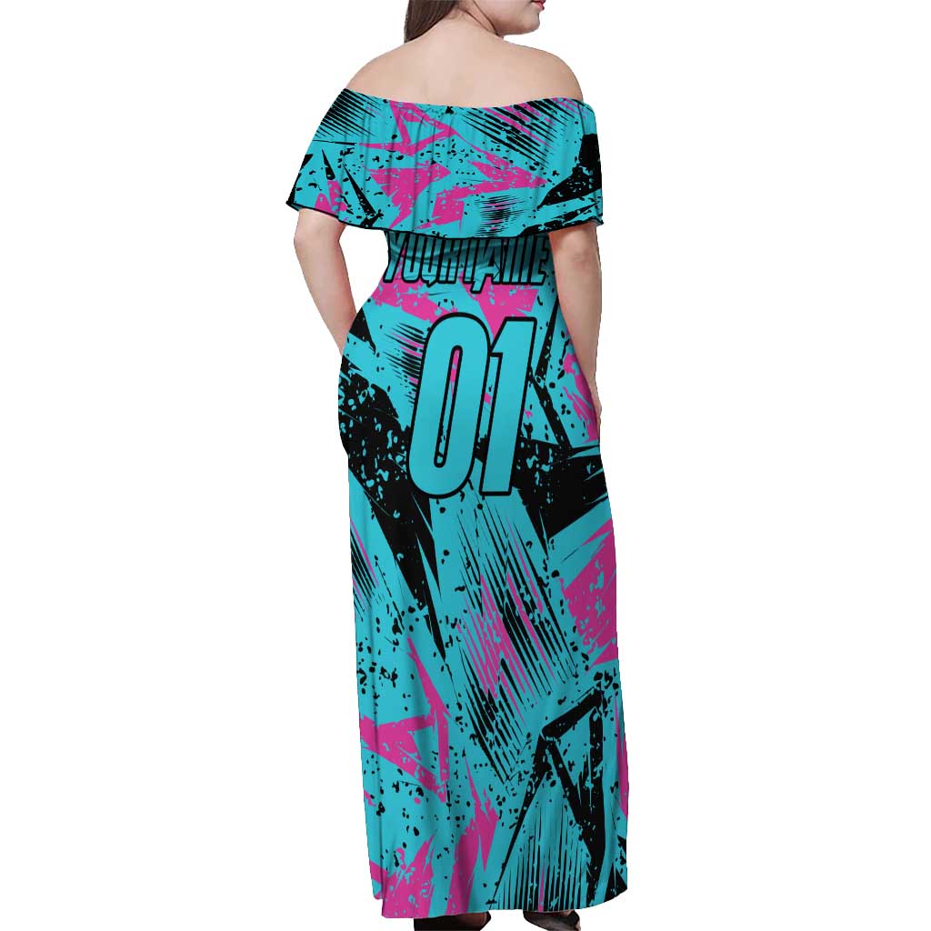 Personalized Ride Like a Girl Off Shoulder Maxi Dress Motocross Graphic and Turquoise Pink Graffiti Design - Wonder Print Shop