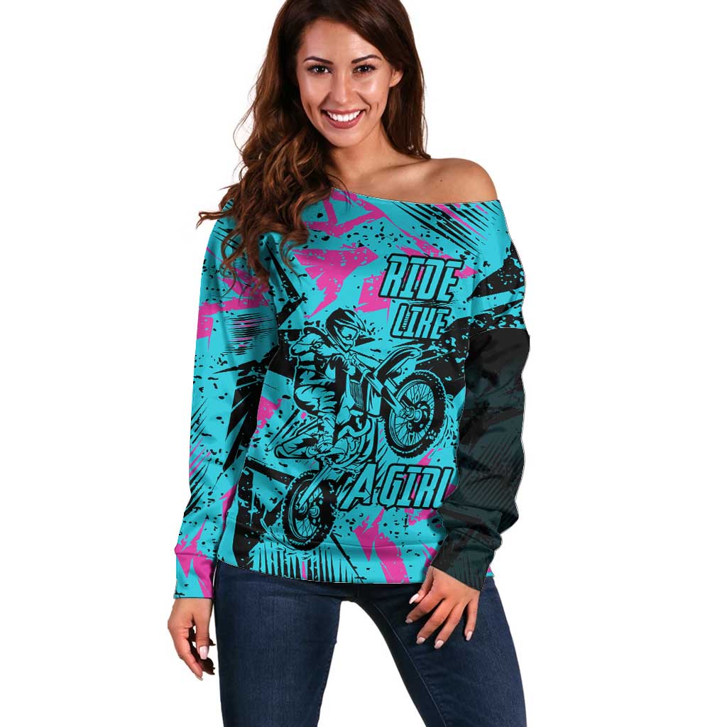 Personalized Ride Like a Girl Off Shoulder Sweater Motocross Graphic and Turquoise Pink Graffiti Design - Wonder Print Shop