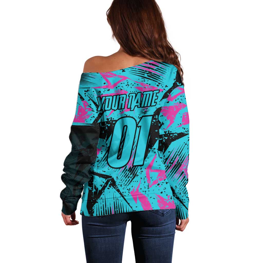 Personalized Ride Like a Girl Off Shoulder Sweater Motocross Graphic and Turquoise Pink Graffiti Design - Wonder Print Shop