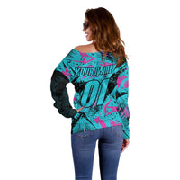 Personalized Ride Like a Girl Off Shoulder Sweater Motocross Graphic and Turquoise Pink Graffiti Design - Wonder Print Shop