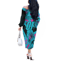 Personalized Ride Like a Girl Off The Shoulder Long Sleeve Dress Motocross Graphic and Turquoise Pink Graffiti Design - Wonder Print Shop