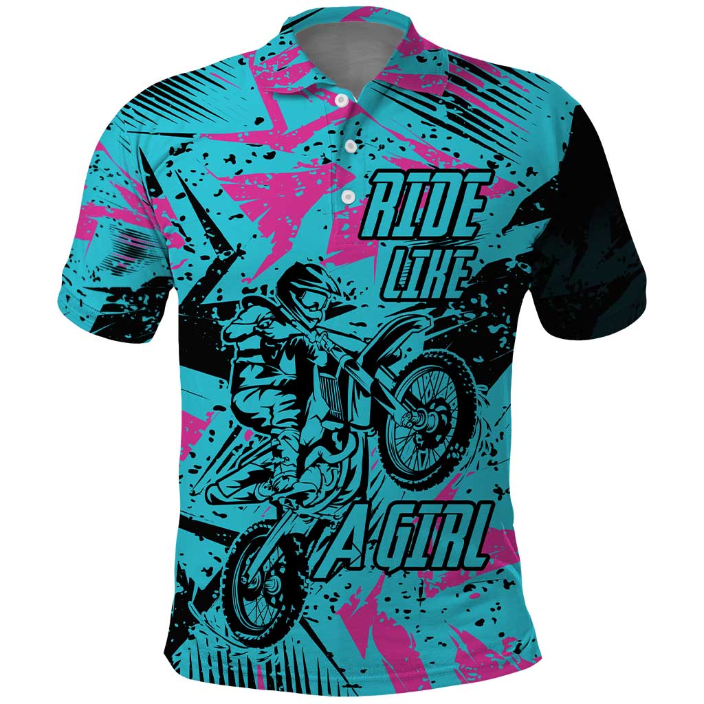 Personalized Ride Like a Girl Polo Shirt Motocross Graphic and Turquoise Pink Graffiti Design - Wonder Print Shop