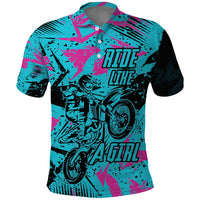 Personalized Ride Like a Girl Polo Shirt Motocross Graphic and Turquoise Pink Graffiti Design - Wonder Print Shop
