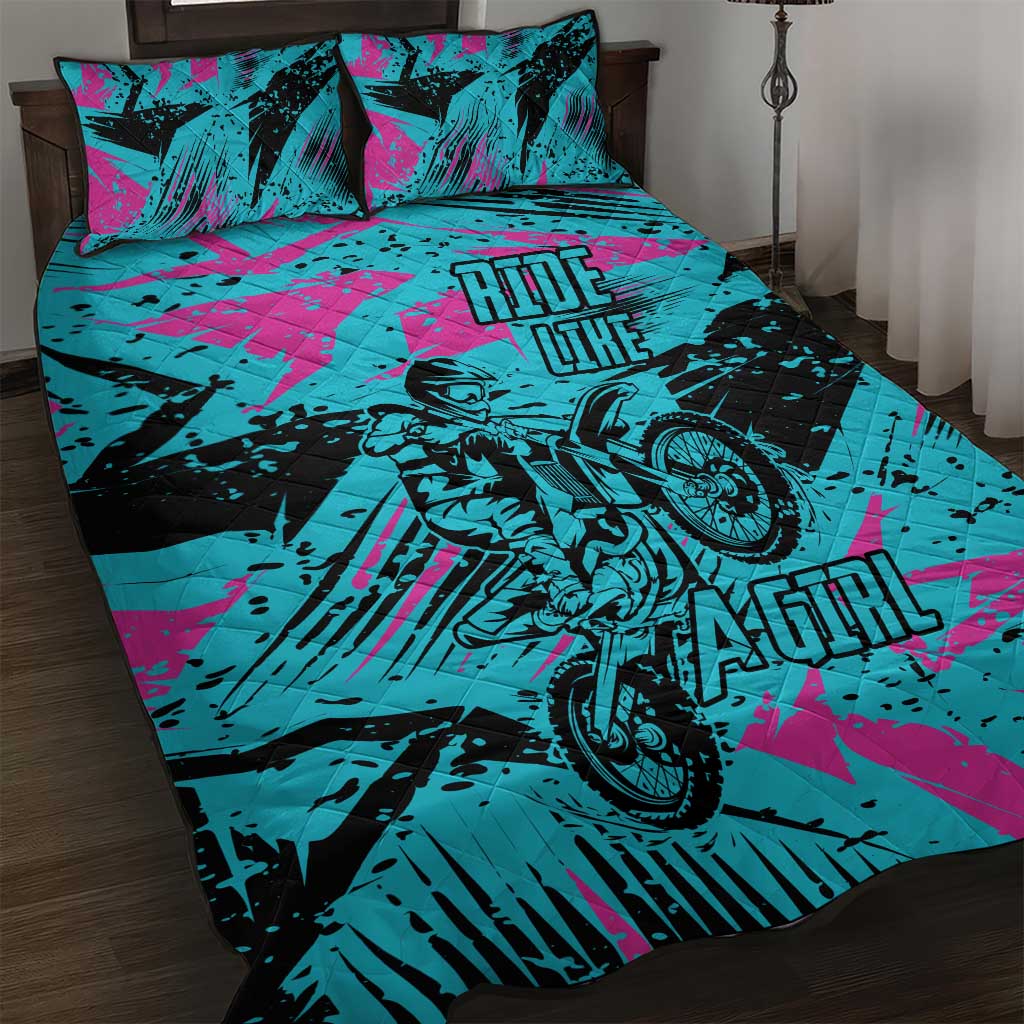 Personalized Ride Like a Girl Quilt Bed Set Motocross Graphic and Turquoise Pink Graffiti Design - Wonder Print Shop
