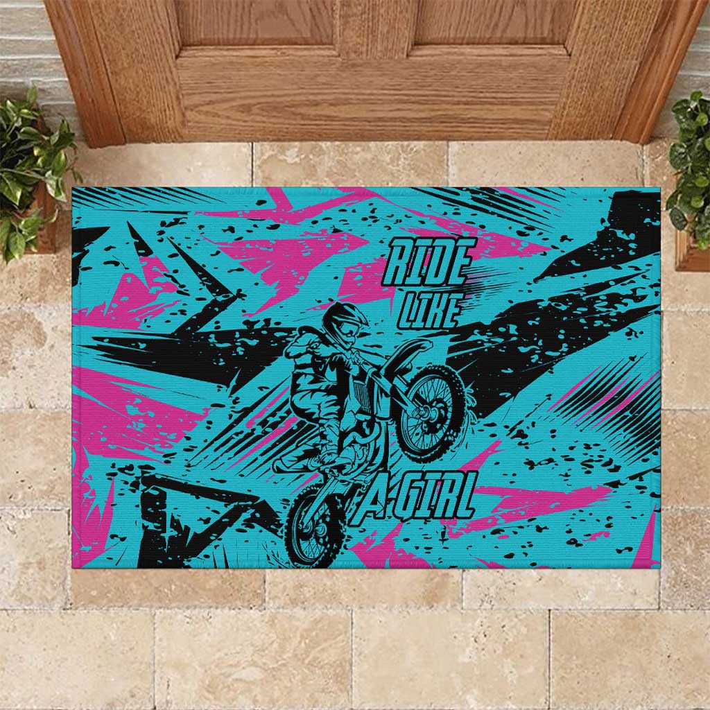 Personalized Ride Like a Girl Rubber Doormat Motocross Graphic and Turquoise Pink Graffiti Design - Wonder Print Shop