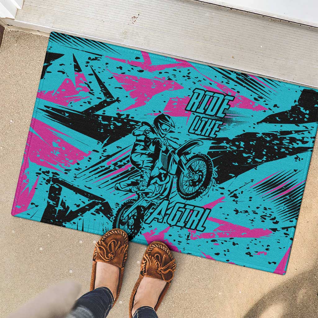 Personalized Ride Like a Girl Rubber Doormat Motocross Graphic and Turquoise Pink Graffiti Design - Wonder Print Shop