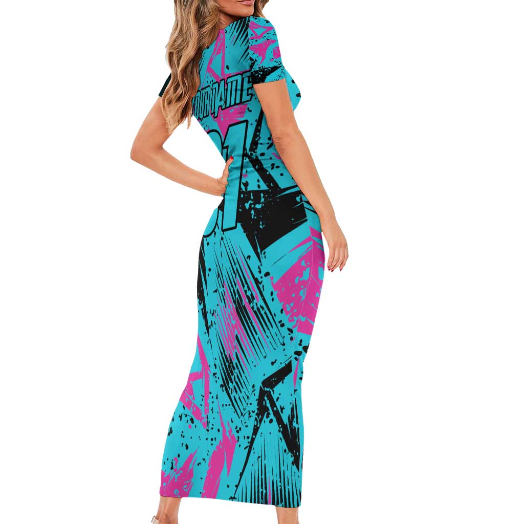 Personalized Ride Like a Girl Short Sleeve Bodycon Dress Motocross Graphic and Turquoise Pink Graffiti Design - Wonder Print Shop