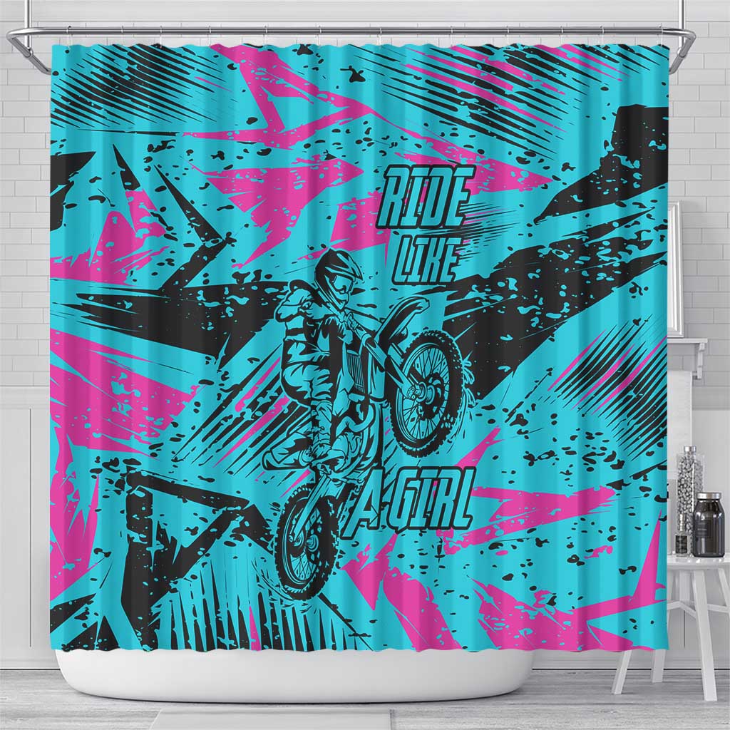 Personalized Ride Like a Girl Shower Curtain Motocross Graphic and Turquoise Pink Graffiti Design - Wonder Print Shop