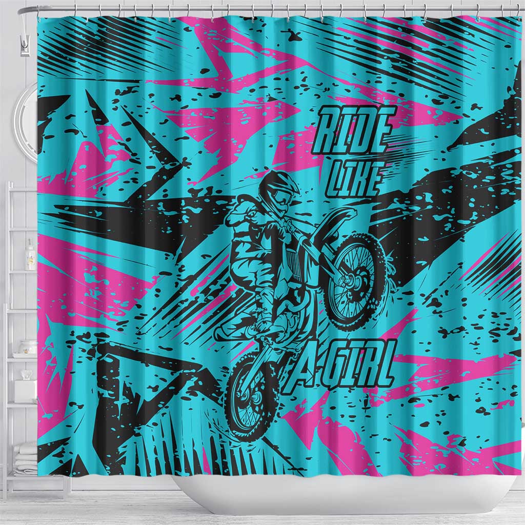 Personalized Ride Like a Girl Shower Curtain Motocross Graphic and Turquoise Pink Graffiti Design - Wonder Print Shop