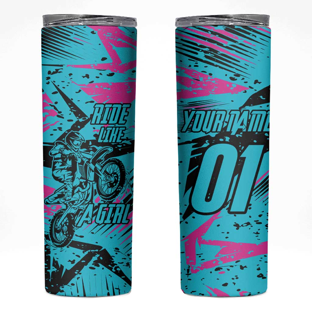Personalized Ride Like a Girl Skinny Tumbler Motocross Graphic and Turquoise Pink Graffiti Design - Wonder Print Shop