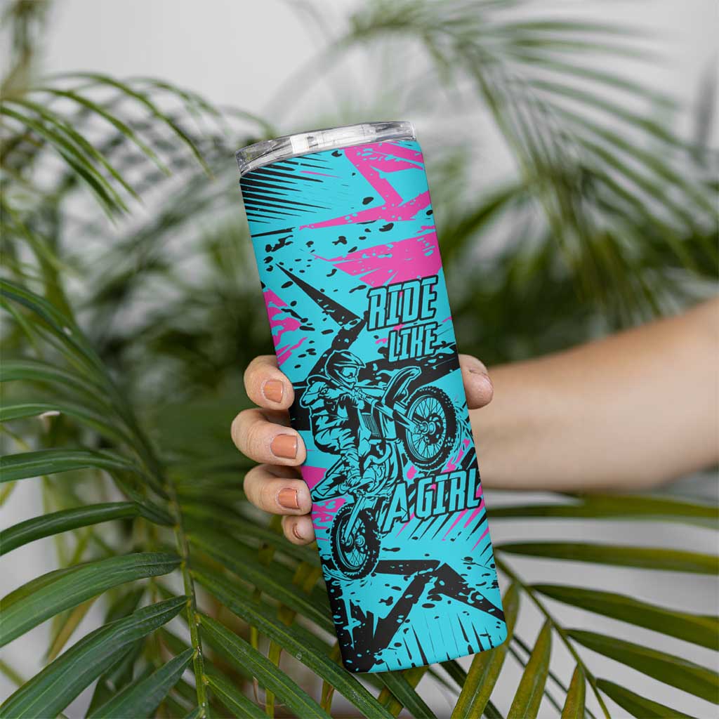 Personalized Ride Like a Girl Skinny Tumbler Motocross Graphic and Turquoise Pink Graffiti Design - Wonder Print Shop