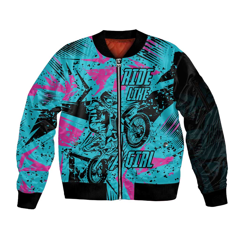 Personalized Ride Like a Girl Sleeve Zip Bomber Jacket Motocross Graphic and Turquoise Pink Graffiti Design - Wonder Print Shop