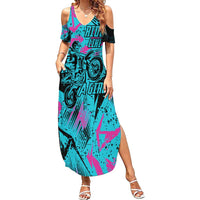 Personalized Ride Like a Girl Summer Maxi Dress Motocross Graphic and Turquoise Pink Graffiti Design - Wonder Print Shop