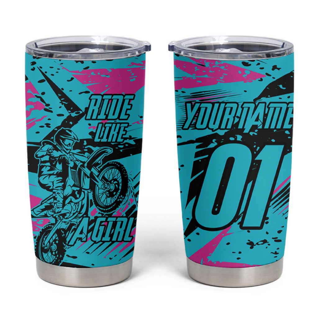 Personalized Ride Like a Girl Tumbler Cup Motocross Graphic and Turquoise Pink Graffiti Design - Wonder Print Shop