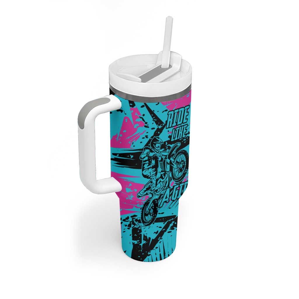 Personalized Ride Like a Girl Tumbler With Handle Motocross Graphic and Turquoise Pink Graffiti Design - Wonder Print Shop