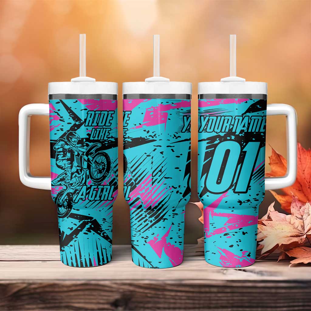 Personalized Ride Like a Girl Tumbler With Handle Motocross Graphic and Turquoise Pink Graffiti Design - Wonder Print Shop
