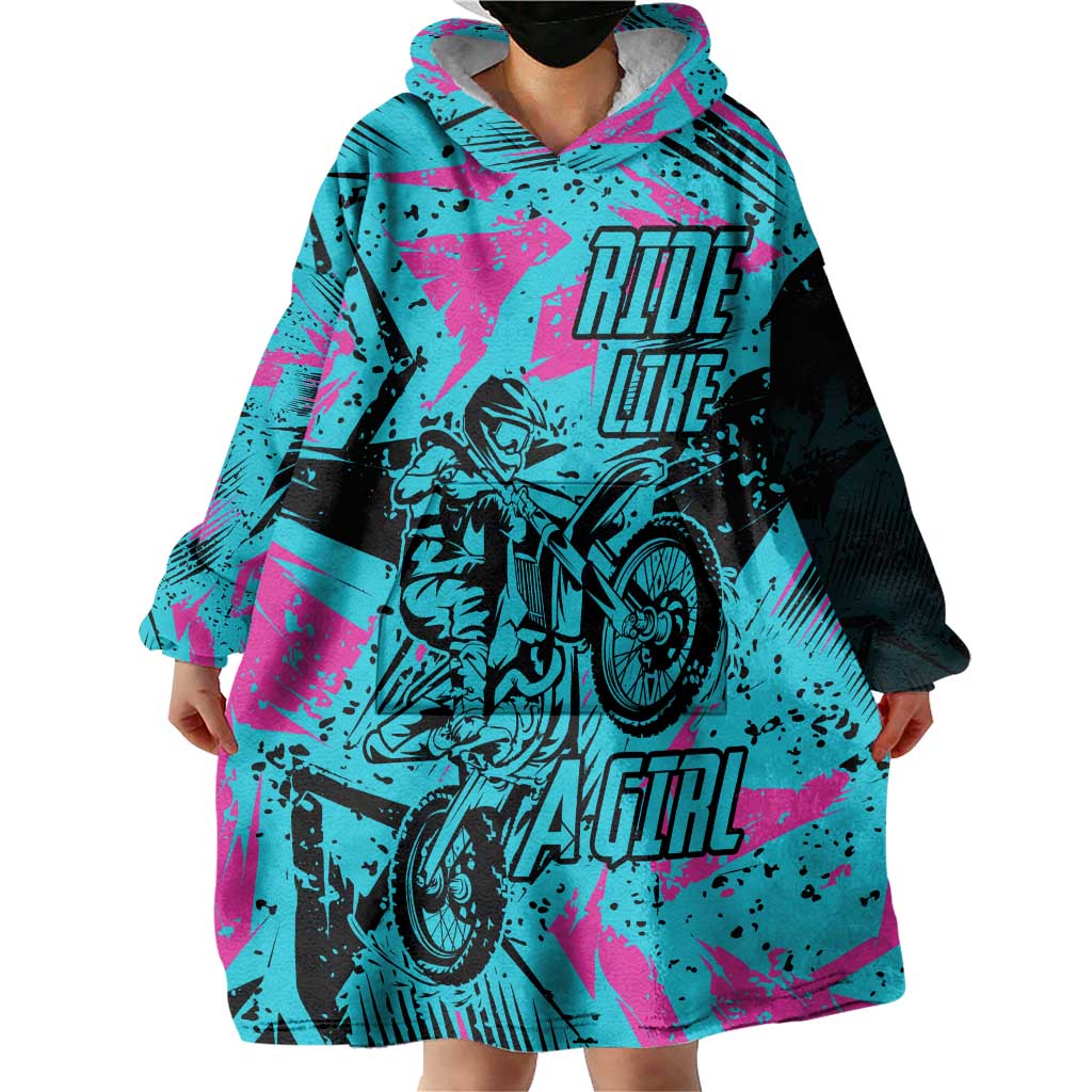 Personalized Ride Like a Girl Wearable Blanket Hoodie Motocross Graphic and Turquoise Pink Graffiti Design - Wonder Print Shop