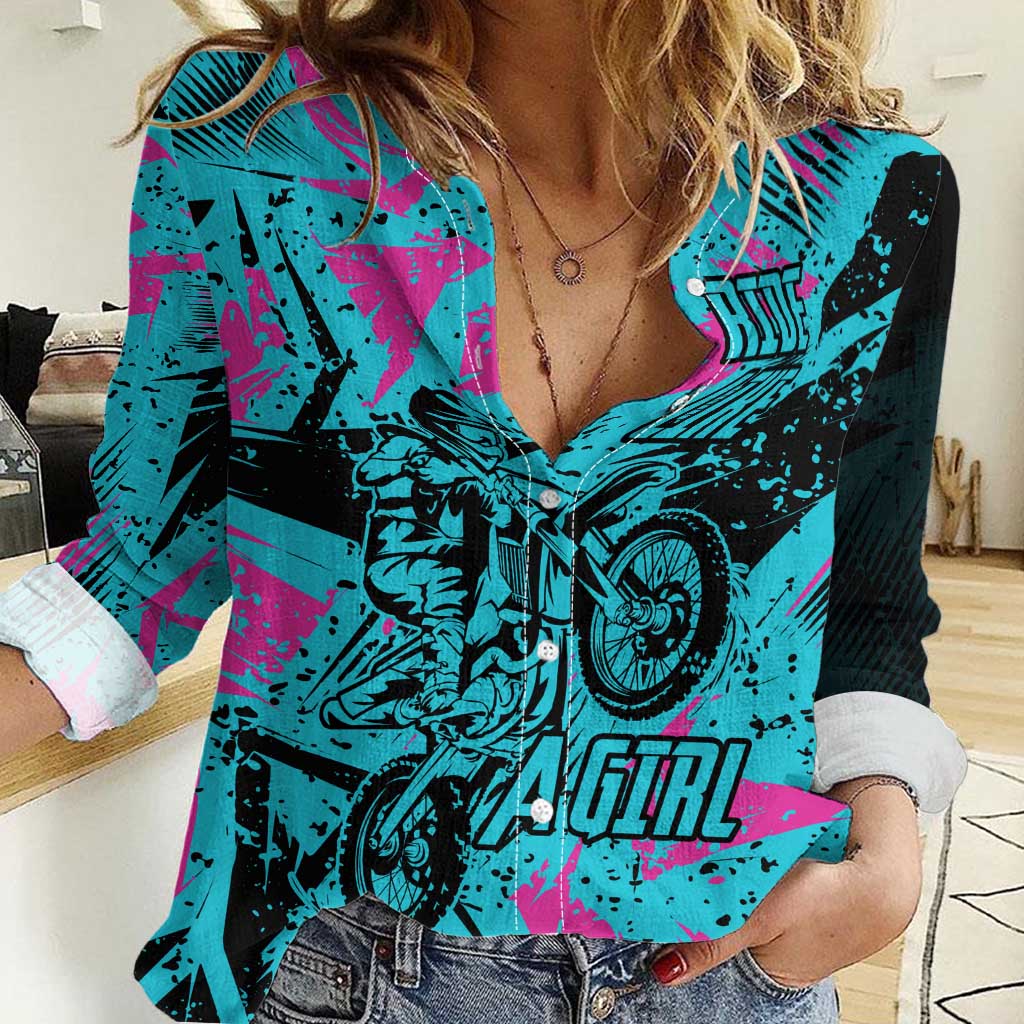 Personalized Ride Like a Girl Women Casual Shirt Motocross Graphic and Turquoise Pink Graffiti Design - Wonder Print Shop