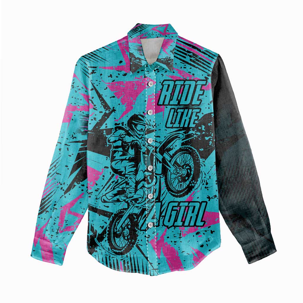 Personalized Ride Like a Girl Women Casual Shirt Motocross Graphic and Turquoise Pink Graffiti Design - Wonder Print Shop
