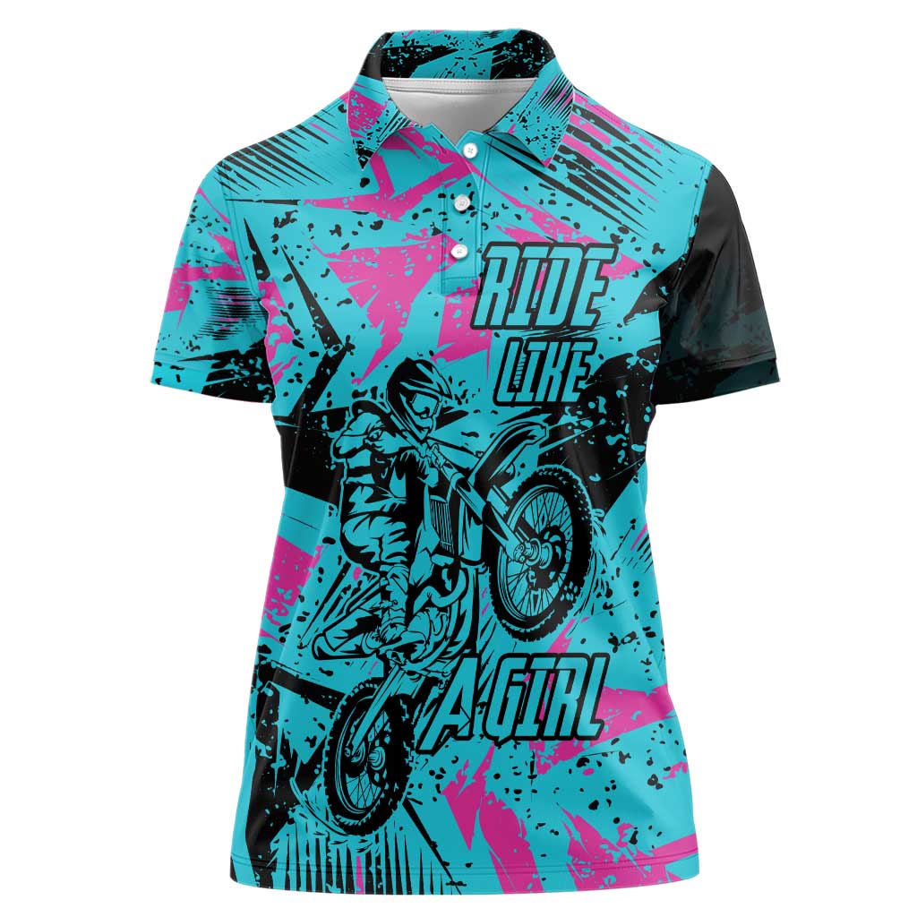 Personalized Ride Like a Girl Women Polo Shirt Motocross Graphic and Turquoise Pink Graffiti Design - Wonder Print Shop