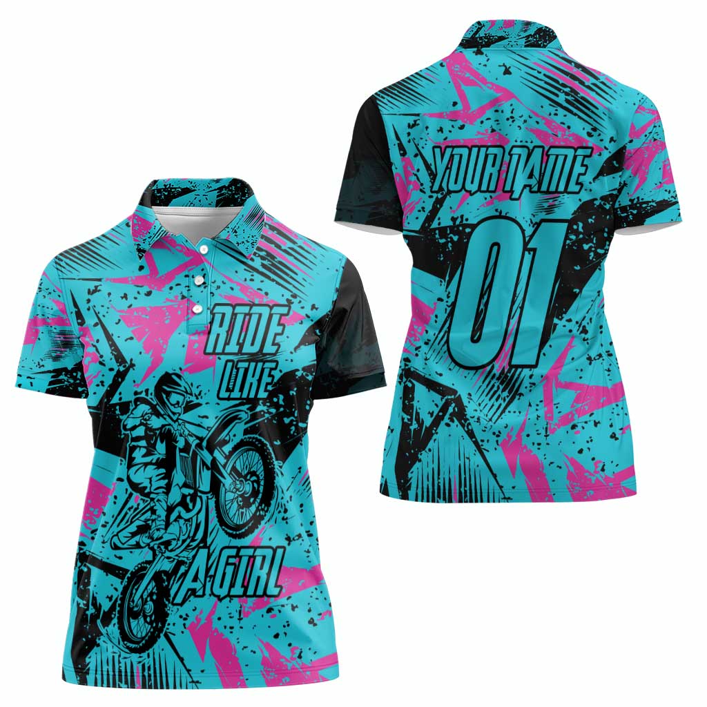 Personalized Ride Like a Girl Women Polo Shirt Motocross Graphic and Turquoise Pink Graffiti Design - Wonder Print Shop