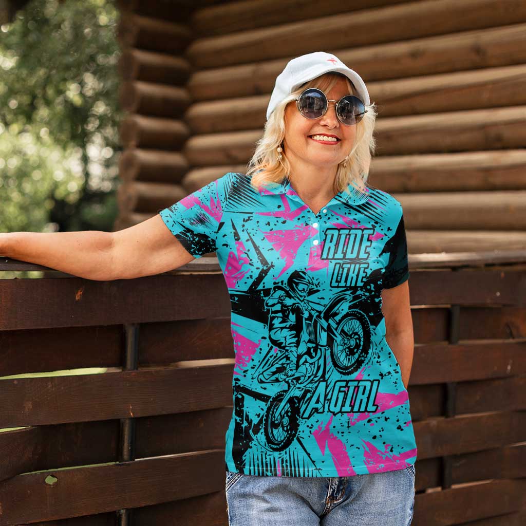 Personalized Ride Like a Girl Women Polo Shirt Motocross Graphic and Turquoise Pink Graffiti Design - Wonder Print Shop