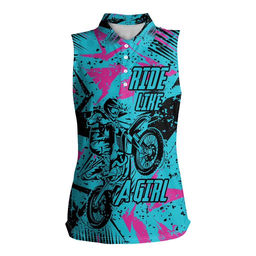 Personalized Ride Like a Girl Women Sleeveless Polo Shirt Motocross Graphic and Turquoise Pink Graffiti Design - Wonder Print Shop