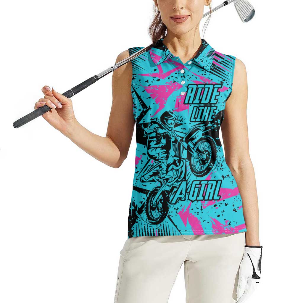Personalized Ride Like a Girl Women Sleeveless Polo Shirt Motocross Graphic and Turquoise Pink Graffiti Design - Wonder Print Shop