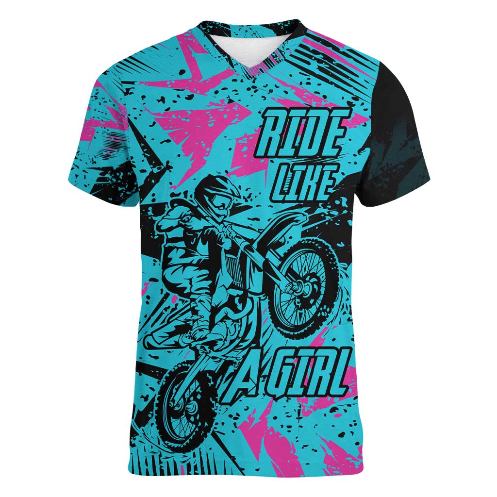 Personalized Ride Like a Girl Women V-Neck T-Shirt Motocross Graphic and Turquoise Pink Graffiti Design - Wonder Print Shop