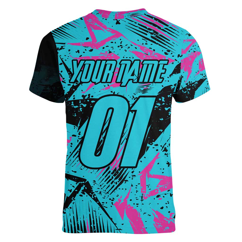 Personalized Ride Like a Girl Women V-Neck T-Shirt Motocross Graphic and Turquoise Pink Graffiti Design - Wonder Print Shop
