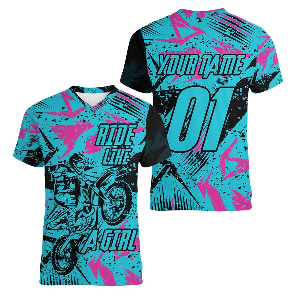 Personalized Ride Like a Girl Women V-Neck T-Shirt Motocross Graphic and Turquoise Pink Graffiti Design - Wonder Print Shop
