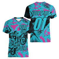 Personalized Ride Like a Girl Women V-Neck T-Shirt Motocross Graphic and Turquoise Pink Graffiti Design - Wonder Print Shop